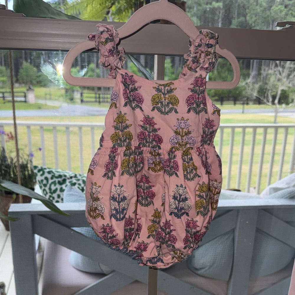 Pink Chicken Pink Floral Bubble Romper with Ruffle Straps